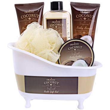 Draizee Luxurious Coconut Scented 5 PCs Home Spa Basket - Spa Set with Body Scrub, Lotion, Shower Gel, and Bath Puff - Spa Basket for Women, Relaxation Gifts for Mom, Perfect Christmas Gift for Women