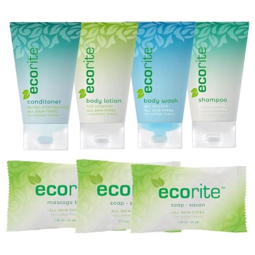 Ecorite Mini Travel Size Toiletries Bathroom Kit |Cucumber Melon| Shampoo, Conditioner, Body Wash, Lotion, Facial Bar, Artisan Soap and Massage Bar - 25 Kits