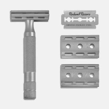 ROCKWELL RAZORS 6S Stainless Steel Double-Edge Safety Razor with 6 Adjustable Shave Settings and 5 Blades, 8 Piece Set, Silver