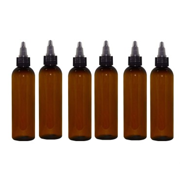 WM (Bulk Pack of 6) 4 oz Amber Cosmo Refillable, Reusable Empty Plastic Bottles with Twist Open Yorker Cap - Oils, Aromatherapy, Juice, Moisturizer, Shampoo, Soaps, Paint, Arts & Crafts