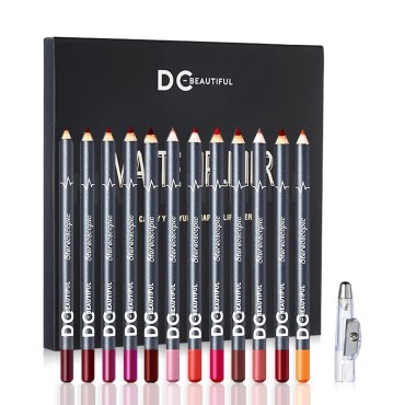 DC-BEAUTIFUL 12Pcs Lot Set 12 Colors Lip Liner Pencil Waterproof Non-marking Matt Velvet Lipstick Pen, Professional Long Lasting Lipliner Set with Sharpener