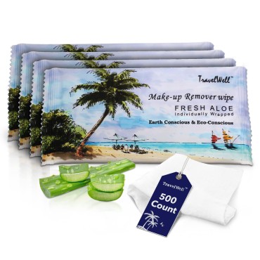 TRAVELWELL Makeup Remover Wipes Bulk, Individually Wrapped Natural Fresh Aloe Travel Packs Elderly Bathing Cleansing Wipes - 500 Count per Package | Travel Size Toiletries | Hotel Toiletries Bulk Set