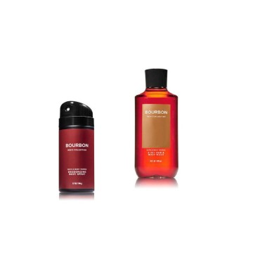 Bath & Body Works - Bourbon - Deodorizing Body Spray and 2 in 1 Hair and Body Wash - Gift Set