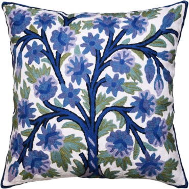 Kashmir Designs Blue Tree of Life Pillow Cover Indigo Plant Floral Pillowcase Needlepoint Botanical Flower Suzani Cushions Traditional Boho Modern Floral Cushion Wool Size - 18x18