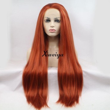 Xiweiya Copper Red Long Straight Yaki 360# Synthetic Lace Front Wigs Soft Red Hair Heat Resistant Fiber Hair for Women , Drag Queen Cosplay 24 I nches