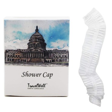 TRAVELWELL Individually Wrapped Hotel Toiletries Amenities Disposable Clear Shower Caps Boxed 100 Sets per Case Landscape Series