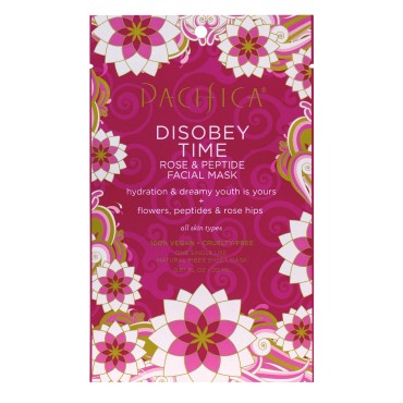 Pacifica Beauty Disobey Time Peptide Hydrating Facial Sheet Mask | For All Skin Types | 1 Count | Hyaluronic Acid, Rose + Peptides | 100% Cotton Mask | Moisturizing + Calming | Vegan + Cruelty Free