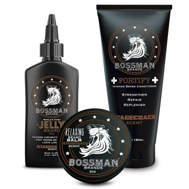 Bossman Essentials Beard Kit for Men - Beard Oil Jelly, Fortifying Conditioner Cream, Beard Balm - Grooming Growth Care Accessories (Stagecoach)