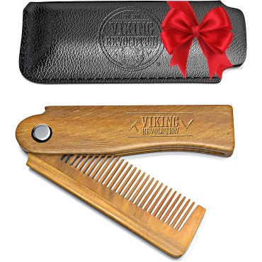 Folding Beard Comb w/Carrying Pouch for Men - All Natural Wooden Beard Comb w/Gift Box - Green Sandalwood Comb for Grooming & Combing Hair, Beards and Mustaches by Viking Revolution