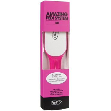 ForPro Amazing Pedi System Kit, Pink, 80/120 Grit, Double-Sided Professional Quality Pedicure File for Heels, Includes Six Refill Strips, 10” L