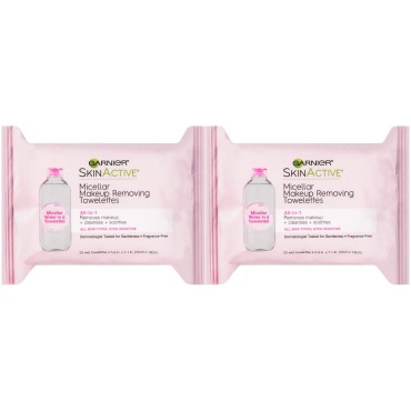 Garnier SkinActive Micellar Facial Cleanser & Makeup Remover Wipes, Gentle for All Skin Types (25 Wipes), 2 Count (Packaging May Vary)