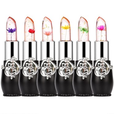 firstfly Pack of 6 Crystal Flower Jelly Lipstick, Long Lasting Nutritious Lip Balm Lips Moisturizer Magic Temperature Color Change Lip Gloss (Black)