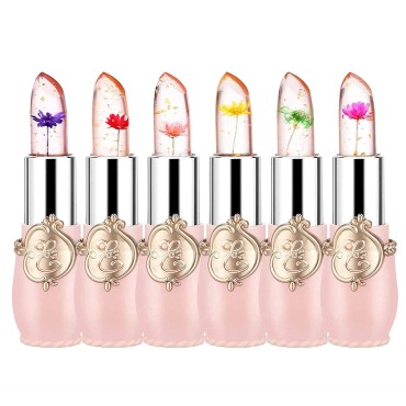 firstfly Pack of 6 Crystal Flower Jelly Lipstick, Long Lasting Nutritious Lip Balm Lips Moisturizer Magic Temperature Color Change Lip Gloss (Pink)