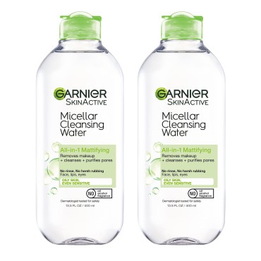 Garnier SkinActive Micellar Water for Oily Skin, Facial Cleanser & Makeup Remover, 13.5 Fl Oz (400mL) 2 Count (Packaging May Vary)