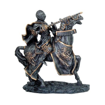 Medieval Fantasy Calvary Knight on Battle Horse Ready for Jousting Pewter Gray Finish with Gold Accent Collectible Figurine