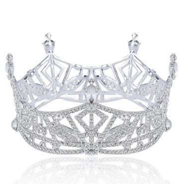 Miss America Crown Clear Austrian Rhinestone Crystal Hair Tiara Beauty Queen Princess Hair Jewelry Round Crown Pageant T1299 (Silver-Tone)