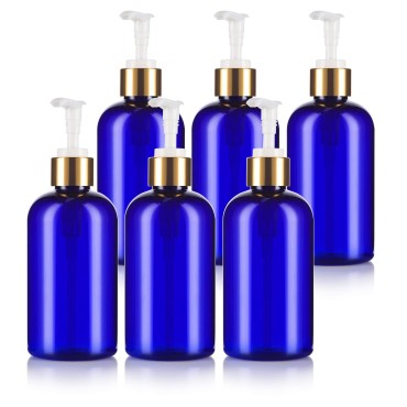JUVITUS Cobalt Blue 8 oz Boston Round PET Plastic Bottles (BPA Free) with Gold Lotion Pump (6 pack)
