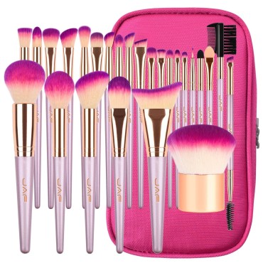 JAF 26pcs Professional Pink Makeup Brushes Set with Case Vegan Synthetic Brushes Set in Zipper Bag Holder Cosmetic Big Makeup Tools Kit for Face Contour Highlighter