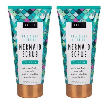 Hallu Body Scrub, Mermaid, Sea Salt Citrus Scent, with Shea Butter Nourishes and Smooths Skin 6 oz, Pack of 2