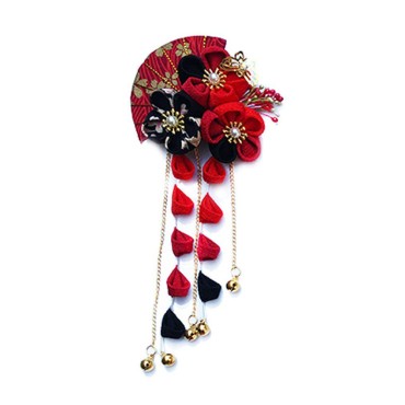 CRB Fashion Womens Girls Japanese Kimono Flower Kanzashi Hair Ornament Tie Band Clip (Red/Black)