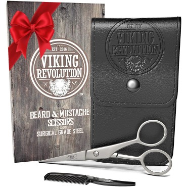 Viking Revolution - Beard and Mustache Scissors w/Comb and Synthetic Leather Case Professional Sharp Surgical Grade Steel for Trimming, Grooming, Cutting Mustache, Beards & Eyebrows Hair