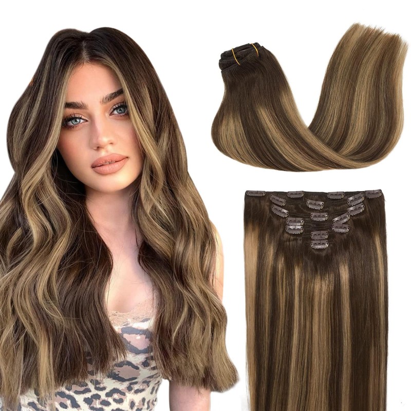 GOO GOO Clip-in Hair Extensions for Women, Soft & Natural, Handmade Real Human Hair Extensions, Chocolate Brown to Caramel Blonde, Long, Straight #(4/27)/4, 7pcs 120g 18 inches