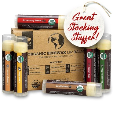 USDA Organic Lip Balm 6-Pack by Earth's Daughter Stocking Stuffers - Fruit Flavors, Beeswax, Coconut Oil, Vitamin E - Best Lip Repair Chapstick for Dry Cracked Lips - Moisturizing Lip Care