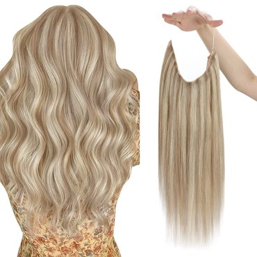 Sunny Wire Hair Extensions Blonde Highlights Wire Real Human Hair Extensions Warm Ash Blonde Highlights Bleach Blonde Invisible Hairpiece Wire Extensions with Fish Line Hair Extensions 80G 16inch