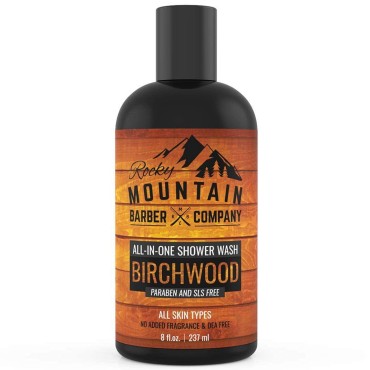 Rocky Mountain Barber Company Birchwood All-In-One Body Wash - Shampoo, Body Wash, Conditioner, Face Wash & Beard Wash with Essential Oils - 8 oz