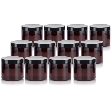 16 oz Amber Large PET Plastic Refillable Jar With Black Smooth Lid (12 pack)
