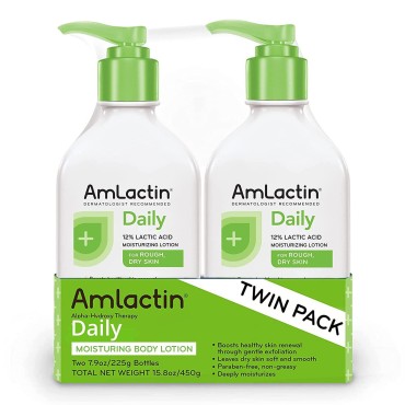 AmLactin Daily Moisturizing Lotion for Dry Skin - 7.9 oz Pump Bottles (Twin Pack) - 2-in-1 Exfoliator-Body Lotion with 12% Lactic Acid, Dermatologist-Recommended (Packaging May Vary)