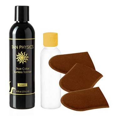 Tan Physics True Color Tanner 8 oz w/Face and Fine Detail Tanning Mitts and Empty 3oz. Travel Bottle by Sans-Sun