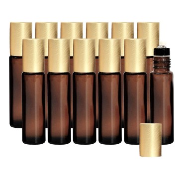 10ml Amber Essential Oil Roller Bottles - Empty Roll On Glass Leakproof Stainless Steel Roller Balls with Gold Lid for Oils, Aromatherapy, Perfume, DIY and Blends - 12 Pack