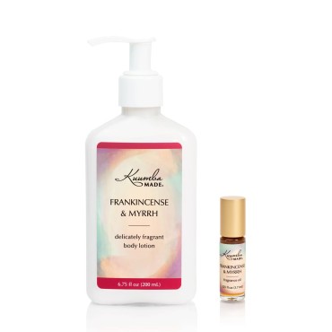 Kuumba Made Fragrance Gift Set, One Frankincense & Myrrh 1/8oz Fragrance oil with roll on applicator and One Frankincense & Myrrh Lotion 6oz