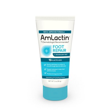 AmLactin Foot Repair Cream - 3 oz Foot Cream for Dry Cracked Heels with 15% Lactic Acid - Exfoliator and Moisturizer for Dry Skin & Foot Care (Packaging May Vary)