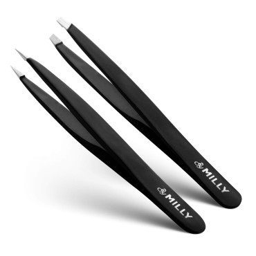 By MILLY Precision Tweezers Set, Slanted and Pointed Tips - Hammer Forged 100% German Steel - Perfectly Aligned, Hand-Filed Tips - Black