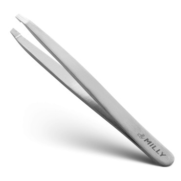 By MILLY German Steel Professional Slanted Tweezers - Hammer Forged, Hand Polished 100% Stainless Steel - Hand-Filed and Aligned Slant Tips for Precision - Silver