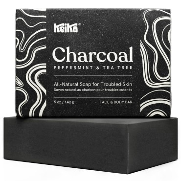 Keika Charcoal Black Soap Bar for Eczema, Psoriasis, Face, Body, Men Women Teens with Oily Skin, 5 oz.