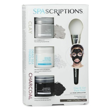 SpaScriptions Dead Sea, Charcoal, & Clay Gel Face Mask with Silicone Applicator - 3 Pack, 1.7 oz each Jar, 5.1 oz total