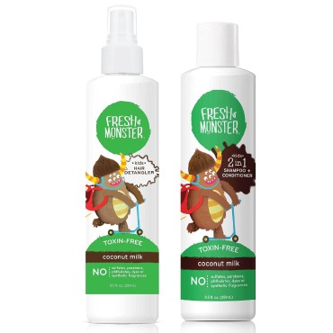 Fresh Monster Kids Hair Detangler Spray & 2-in-1 Shampoo & Conditioner Combo, Toxin-Free, Hypoallergenic & Natural, Coconut (8.5 oz Detangler & 8.5 oz 2-in-1 Shampoo & Conditioner)
