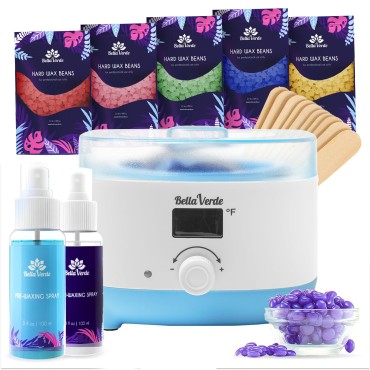 Bella Verde Waxing Kit For Women & Men - Digital Melting Wax Pot, 20 Waxing Sticks, 5 Packs Hard Wax Beans, Pre & After Wax Sprays - Easy, Fast, Painless Hair Removal - Non-Cruelty, For All Skin Types