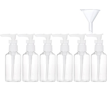 TecUnite 6 Pack Small Pump Bottles Clear Travel Bottle Plastic Empty Spray Bottle Dispenser Hand Lotion Sanitizer Refillable Bottle Set with Small Funnel for Flight, Airport, Holiday