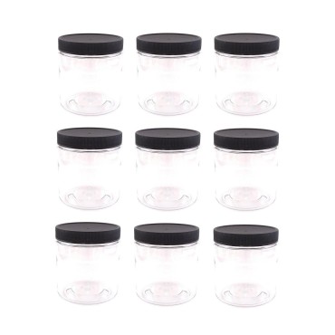 Clear Plastic Jars 8 ounce with Black Lids (9-Pack) Refillable Empty Storage Containers with Lids for Cosmetic Products, Kitchen, DIY Creams, Arts, Crafts Supplies