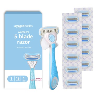 Amazon Basics 5-Blade Razor for Women, Handle, 12 Cartridges & Shower Hanger, Fit Handles only, 14 Piece Set, Blue (Previously Solimo)
