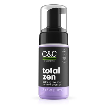 C&C by Clean & Clear Total Zen Calming Lavender Mousse Facial Cleanser to Remove Dirt, Relaxing Oil-Free Face Wash for Sensitive Skin, Not Tested on Animals, 3.4 fl. oz.