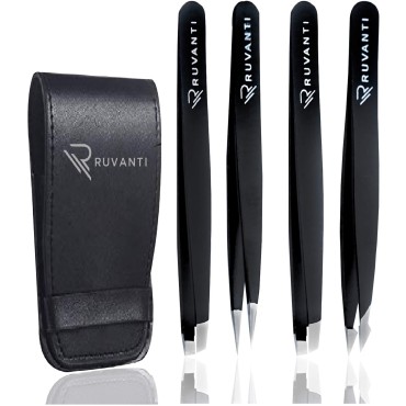 Ruvanti Tweezers 4 Pieces Set for Men/Women - Best for Plucking Eyebrow Facial & Ingrown Hairs, Slant Tip Pointed Straight & Precise - Black