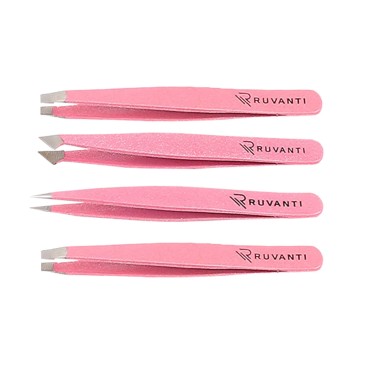 Ruvanti Tweezers 4 Pieces Set for Men/Women - Best for Plucking Eyebrow Facial & Ingrown Hairs, Slant Tip Pointed Straight & Precise - Pink