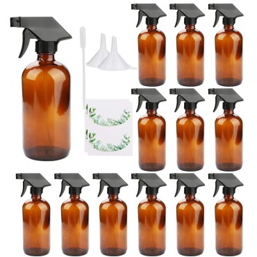 16oz Amber Glass Spray Bottles?Adjustable Sprayers & Chalk Labels, with caps for Essential Oils, Cleaning Products, or Aromatherapy (Spray Bottle Set) [12 pack]