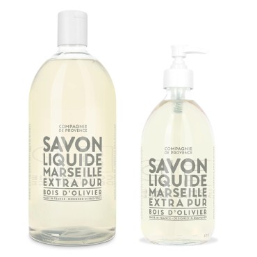 Compagnie de Provence Savon de Marseille Extra Pure Liquid Soap - Olive Wood - 16.9 Fl Oz Glass Pump Bottle and 33.8 fl oz Plastic Bottle Refill