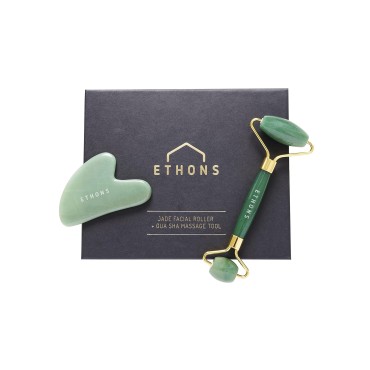 ETHONS Jade Roller & Gua Sha 2 in 1 For Face - Premium Construction Face Massager - Skin Tightening De-Puff Face Scraper - Anti Aging - Relieves Headache & TMJ [Gift-Ready Packaging]